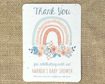 12 Watercolor Boho Rainbow & Flowers Baby Shower Favor Cards - Plantable Full Seed Paper Card - Custom Personalized Favors