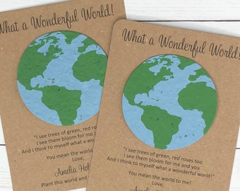 Rustic "Wonderful World" Plantable Globe Seeded Recycled Paper Party Favors (Set of 12) - Personalized Flat Favor Cards, Earth Day