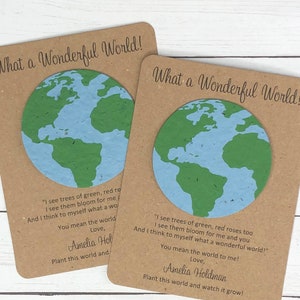 Rustic &quot;Wonderful World&quot; Plantable Globe Seeded Recycled Paper Party Favors (Set of 12) - Personalized Flat Favor Cards, Earth Day