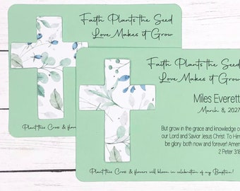 Botanical Cross Plantable Seed Paper Baptism Favors (Set of 12) - First Communion, Baby Dedication Cards - Eco-Friendly - Printed Floral