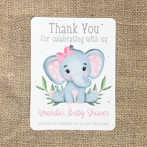 12 Pink Elephant Baby Shower Seed Paper Favor Cards - Plantable Full Seeded Card Eco-Friendly Favors - Custom Personalized Baby Sprinkle