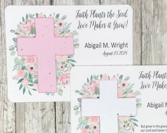Plantable Seed Paper Cross Watercolor Pink Flowers Baptism Favors Set of 12 - First Communion, Baby Dedication Cards - Eco-Friendly