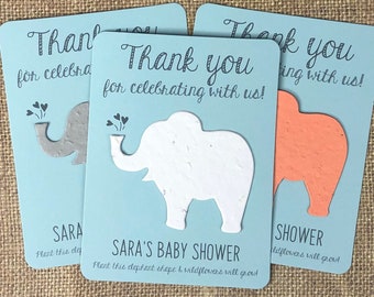 Elephant Baby Shower Favors (Set of 12) - Plantable Seed Recycled Paper Flat Favor Cards, 29 Colors, Gender Reveal - Eco-Friendly Seeded