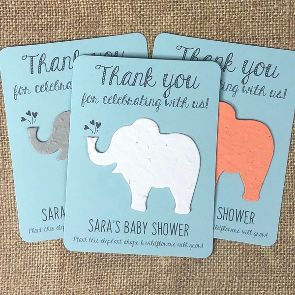 Elephant Baby Shower Favors (Set of 12) - Plantable Seed Recycled Paper Flat Favor Cards, 29 Colors, Gender Reveal - Eco-Friendly Seeded