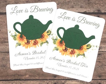 Love is Brewing Plantable Seed Paper Teapot Favors (Set of 12) - 30 Colors Available - Bridal Shower Tea Party - Sunflower Design