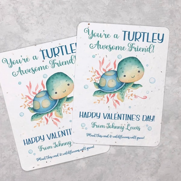 12 cartes de Saint-Valentin en papier motif graines de tortue de mer - Cadeaux respectueux de l'environnement carte pleine graine à planter - Turtle-y Awesome - Thème océan