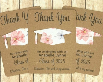 Floral Graduation Cap Thank You Favors (Set of 12) Plantable Seed Paper Cards - Flat Favor Cards, Recycle, Eco-Friendly Seeded