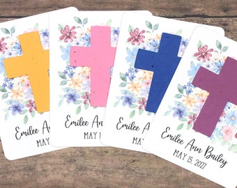 Plantable Seed Paper Cross Watercolor Vibrant Flowers Baptism Favors (Set of 12) - First Communion, Baby Dedication Cards - Eco-Friendly