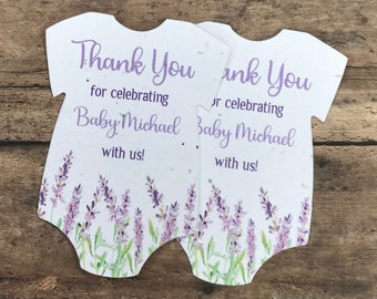 Lavender Design Seed Paper Baby Bodysuit Favor Cards - Plantable Wildflower Seeds Paper Gift Tags - Eco-Friendly Baby Shower Favors