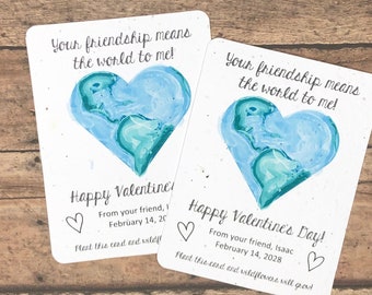 12 "Your Friendship Means the World to Me" Design Seed Paper Valentine's Day Cards - Plantable Full Seeded Card Eco-Friendly - Earth Globe