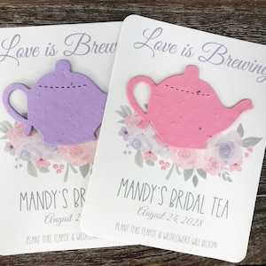 Love is Brewing Plantable Teapot Watercolor Flowers Favors (Set of 12) - 29 Colors Available - Bridal Shower Tea Party - Seed Paper Favor