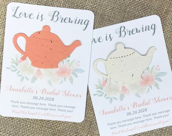 Love is Brewing Plantable Teapot Watercolor Flowers Favors (Set of 12) - 29 Colors Available - Bridal Shower Tea Party - Seed Paper Favor