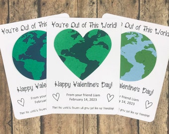 You're Out of This World Personalized Plantable Earth Valentine's Day Cards (Set of 12) - Eco-Friendly Globe w/ Seeds - Classroom Favors
