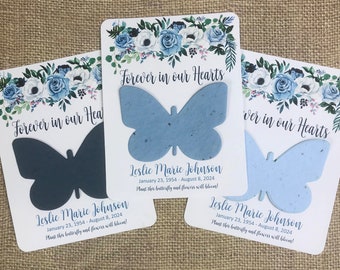 Butterfly with Blue & Green Watercolor Flowers Memorial Plantable Seed Recycled Paper Favors Set of 12 - 39 Colors Available - Memory Cards