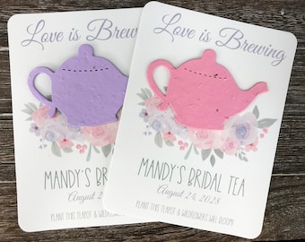 Love is Brewing Plantable Teapot Watercolor Flowers Favors (Set of 12) - 29 Colors Available - Bridal Shower Tea Party - Seed Paper Favor