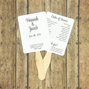 May include: White wedding ceremony program fan with a black and white design. The front side features the names Hannah & Jacob and the date June 6th, 2026. The back side includes the order of service and a thank you message.
