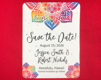 Mandala Save the Date Personalized Plantable Full Seed Paper Invitations - Set of 12 - Wedding, Bridal Shower Favor Cards