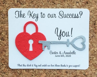 Wedding Heart Lock & Key Plantable Seed Recycled Paper Favors Set of 12 - 3.75" x 5.25" Cards, 39 Colors Available