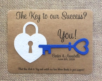 Heart Lock & Key Rustic Plantable Seed Recycled Paper Wedding Favors Set of 12 - 3.75" x 5.25" Cards, 39 Colors Available