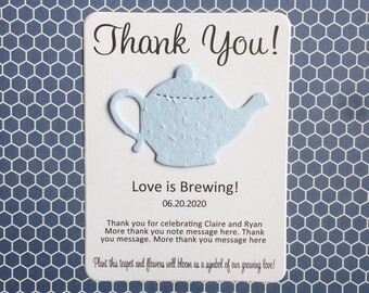 Love is Brewing Bridal Shower Plantable Seed Recycled Paper Thank You Favors (Set of 12) - Flat Favor Cards, 29 Colors Wedding Teapot Tea