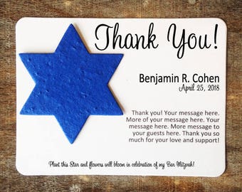 Star of David Bat Mitzvah or Bar Mitzvah Plantable Seed Recycled Paper Favors (Set of 12) - 3.75" x 5.25" Cards, 29+ Colors Available