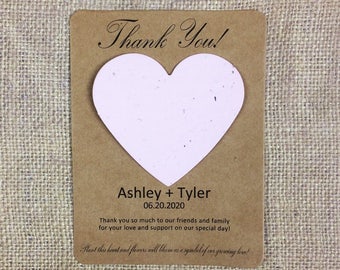 Rustic Heart "Thank You!" Plantable Seed Recycled Paper Wedding Favors (Set of 12) - Flat Favor Cards, 29 Colors Available - Reception