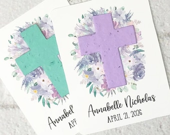 Plantable Seed Paper Cross Watercolor Purple Flowers Baptism Favors (Set of 12) - First Communion, Baby Dedication Cards - Eco-Friendly