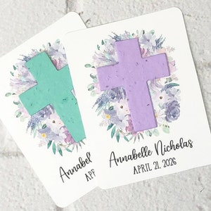 Plantable Seed Paper Cross Watercolor Purple Flowers Baptism Favors (Set of 12) - First Communion, Baby Dedication Cards - Eco-Friendly