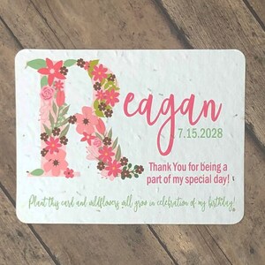 Pink Flower Monogram Personalized Party Favors - Set of 12 - Seed Paper Plantable Birthday Favor Cards - Eco-Friendly - Floral Initial