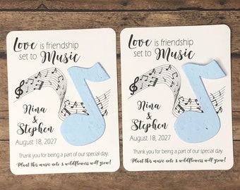 Music Themed Plantable Seed Recycled Paper Wedding Favors (Set of 12) - Flat Favor Cards, 29 Colors - Musical Personalized Bridal Shower