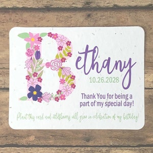 Purple Flower Monogram Personalized Party Favors - Set of 12 - Seed Paper Plantable Birthday Favor Cards - Eco-Friendly - Floral Initial
