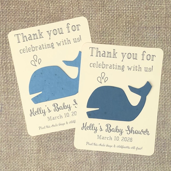 Whale Baby Shower Favors (Set of 12) - Plantable Seed Recycled Paper Flat Favor Cards, 29 Colors, Gender Reveal - Eco-Friendly Seeded