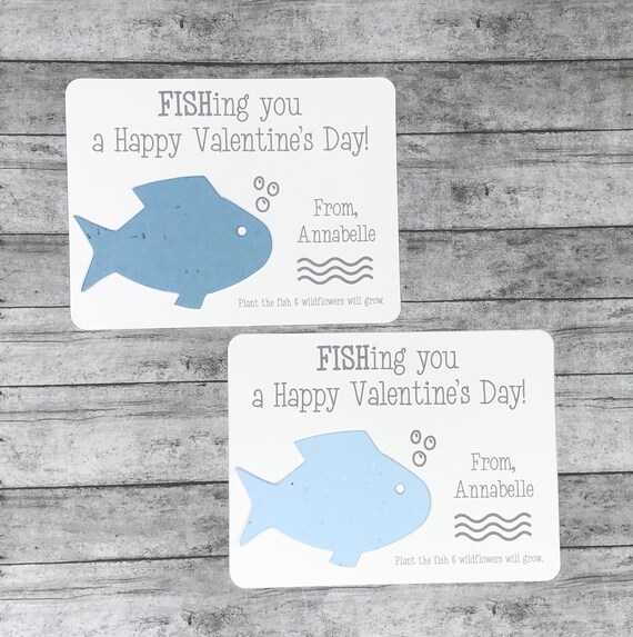Fishing You a Happy Valentine's Day Plantable Seed Recycled Paper Favor Cards  set of 12 Eco-friendly Valentine's Day Fish Theme 
