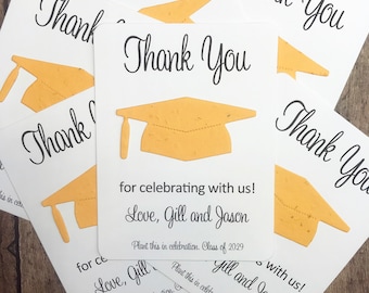 Graduation Cap Thank You Favors (Set of 12) Plantable Seed Paper Cards - Flat Favor Cards, 28 Colors - Recycle, Eco-Friendly Seeded
