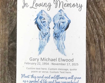 12 Blue Angel Wings Personalized Memorial Cards Plantable Seed Paper Favor Cards  - Funeral, Wake, Viewing Invitations - In Loving Memory