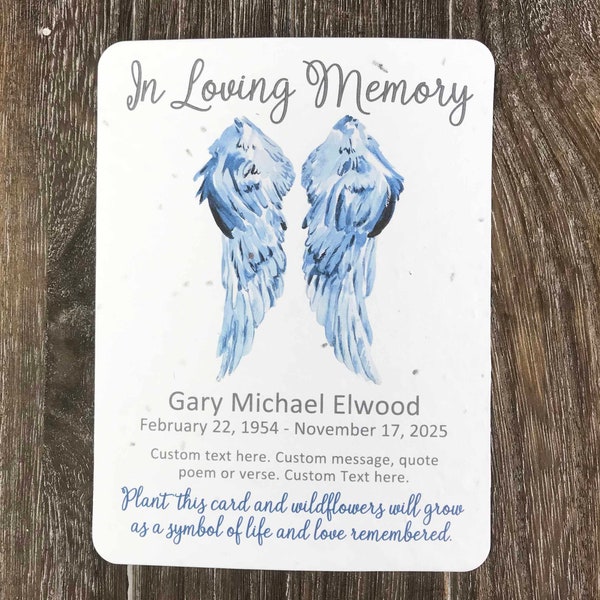 12 Blue Angel Wings Personalized Memorial Cards Plantable Seed Paper Favor Cards  - Funeral, Wake, Viewing Invitations - In Loving Memory