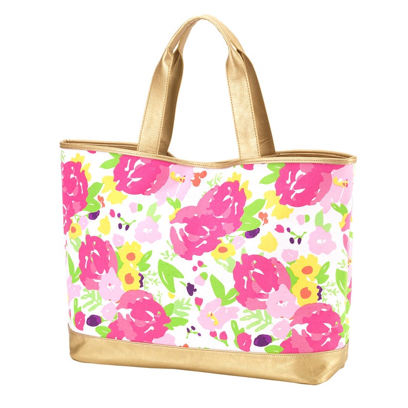 Monogram Floral Cabana Tote with Metallic Vegan Leather Trim Personalized Beach Bag Carry All Tote Book Bag Diaper Bag