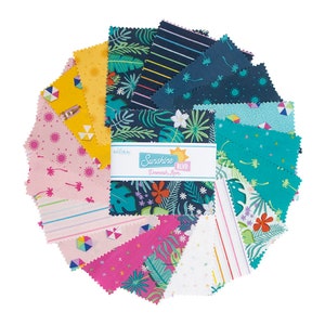 May include: A collection of 42 fat quarter fabric squares featuring a variety of tropical and summer-themed prints. The fabrics are in a variety of colors, including blue, green, pink, yellow, and white. The fabric squares are arranged in a circle, with a label in the center that reads "Sunshine Blvd.  Damask Love."