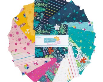 5-Inch Stacker "Sunshine Blvd" Pre-cut Quilt Squares Fabric by Riley Blake - Damask Love - Tropical Foliage, Palm Trees, Beach, Summer