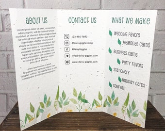 5 Tri-Fold Brochure Recycled Seeded Paper Business Stationery, Personalized, Plantable, Wildflower