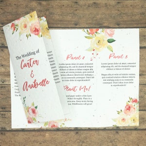 May include: A wedding invitation printed on plantable paper with a floral design. The invitation includes the names Carter & Anabelle and the text "Plant Me!" with instructions on how to plant the paper.