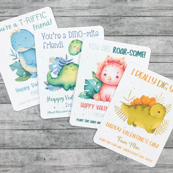 12 Dinosaur Theme Seed Paper Valentine's Day Cards - Plantable Full Seeded Card Eco-Friendly Favors - Assorted Set