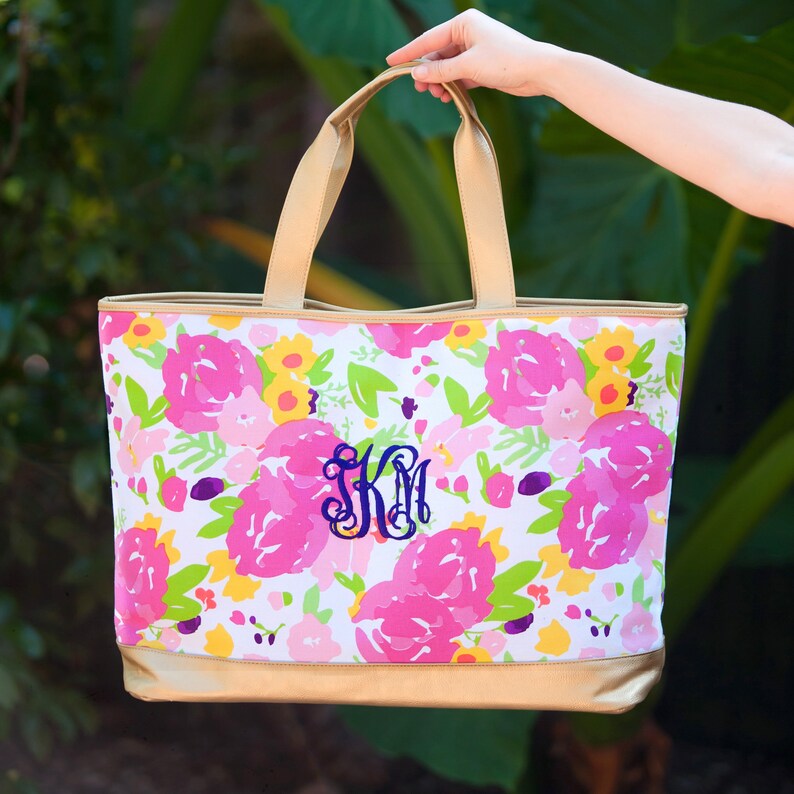 Monogram Floral Cabana Tote with Metallic Vegan Leather Trim Personalized Beach Bag Carry All Tote Book Bag Diaper Bag