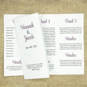 May include: Wedding ceremony program with a rustic, earthy aesthetic. The program features the names "Hannah & Jacob" in purple script, the date "June 6th, 2025", and a list of wedding party members. The program also includes a quote by Alfred Tennyson: "If I had a flower for every time thought of you... I could walk through my garden forever."