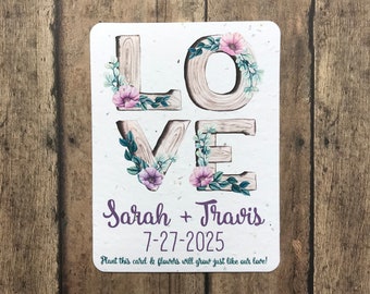 LOVE Rustic Wood & Flowers Design Personalized Plantable Full Seed Paper Favor Cards - Set of 12 - Wedding, Bridal Shower Favors