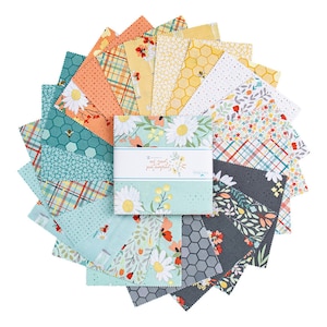 5-Inch Stacker &quot;Sunshine and Sweet Tea&quot; Pre-cut Quilt Squares Fabric by Riley Blake - Amanda Castor - Flowers, Honeycomb, Plaid