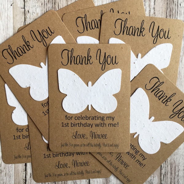 Butterfly Plantable Seed Paper Birthday Party Thank You Favors (Set of 12) - Flat Favor Cards, 29 Colors - Recycle, Eco-Friendly Seeded