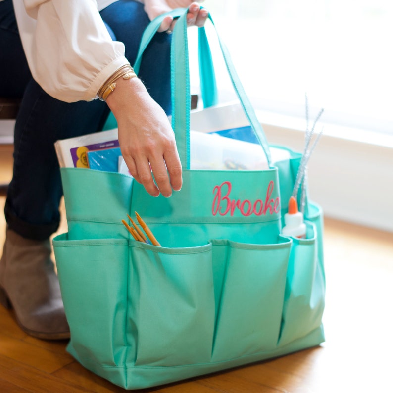 Teacher Lesson Plan Bag- Embroidered with Monogram Mint Carry All Tote Utility Bag Tool Storage Craft Supplies Organizer