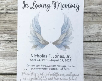 12 Angel Wings Personalized Memorial Cards Plantable Seed Paper Favor Cards  - Funeral, Wake, Viewing Invitations - In Loving Memory