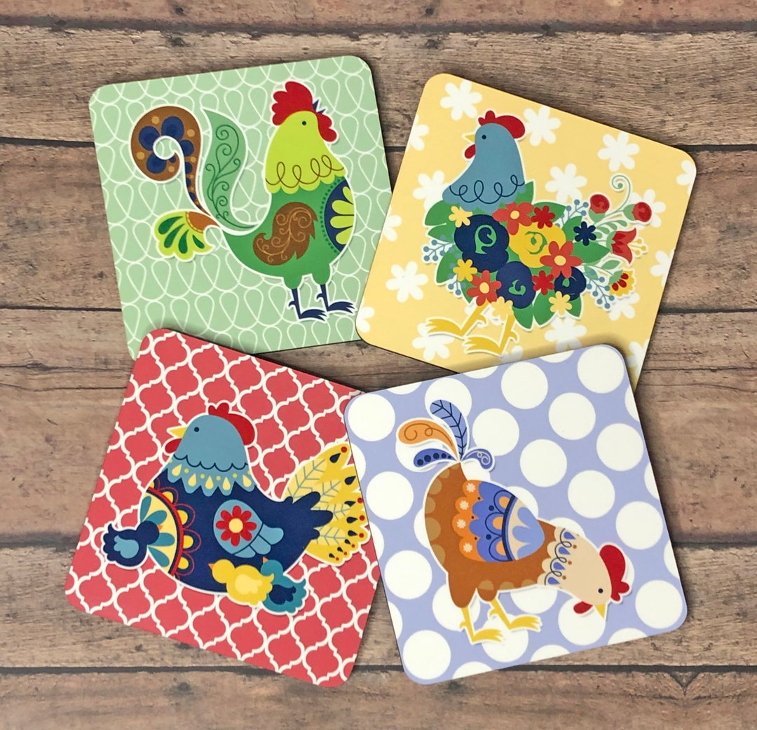 Cute Chickens Coasters Set of 4 - Folk Art Scandinavian Inspired Design ...